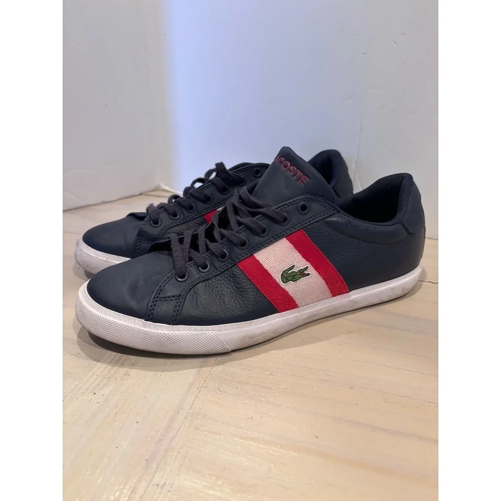 Lacoste Grad Vulc 120 2 P Mens Navy Blue Leather Striped Sneakers Size 8 Preppy